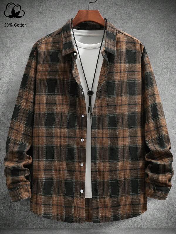 Manfinity Homme Plus Size Men's Plaid Long Sleeve Shirt, For Fall
