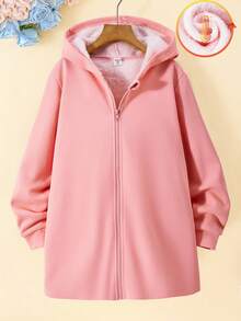 SHEIN Explorewe Tween Girls' Long Sleeve Hooded Zip-Up Cardigan, Mid-Length Snug Fit Design, Polar Thermal Lined, Cute Pink Color, Suitable For Daily, Casual, Outdoor, Commuting, Detailed Craftsmanship, Christmas, Halloween, Autumn/Winter New Arrival - Pink - View 7