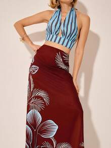 CAJUNI Women's Casual Floral Print Skirt For Holiday Tropical Maxi Skirt Women Maxi Skirt Maroon Maxi Skirt Palm Print Skirt Brown Skirt Tropical Women Maxi Skirt - Multicolor - View 6