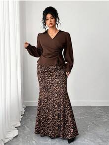 Elenzga Plus Size Women's Fashion Casual French Retro Elegant Ruched Blouse And Leopard Print Fishtail Skirt 2 Pieces Set Fall - Brown - View 7