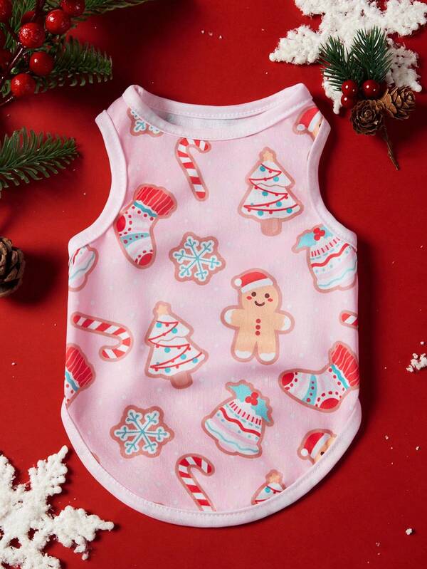 PETSIN 1pc Pink Christmas Pet Vest, Printed With Cute Gingerbread People, Christmas Trees, Candy Canes And Other Christmas Elements, Skin Friendly, Breathable Sleeveless Pet Vest