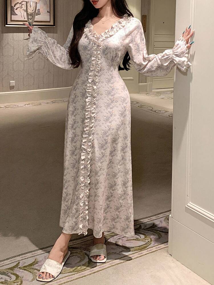 Women's Long Waist-Cinched Nightgown With Plant Pattern & Ruffle Trim, Autumn/Winter Pajama