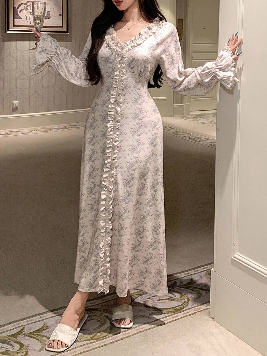 DAZY Camisón largo con cintura ceñida con estampado de plantas y ribete de volantes, pijama de otoño/invierno para mujer - Blanco - Ver 1