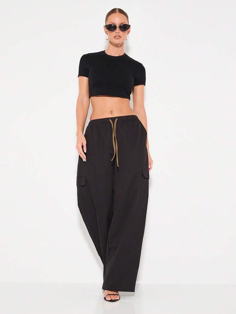 KIZN Cotton High Waisted Wide Leg Cargo Pants With Drawstring Waist For Casual Street Style