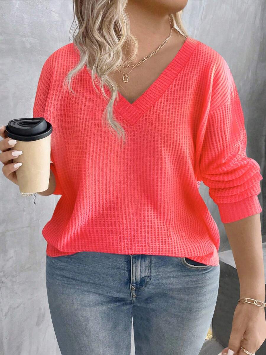 EMERY ROSE 女式 V 领多层霓虹色长袖加大码 T 恤，秋冬 - 紅色 - 查看 1