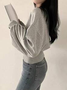 INAWLY Women's Casual Crew Neck Drop Shoulder Long Sleeve Cinched Waist Sweatshirt With Knight Print, Autumn - Grey - View 3