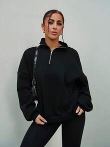 SAYEHFBABY 四分之一拉链超大码运动衫宽松版型返校秋冬舒适秋季圣诞节可爱休闲日常胶囊衣橱 Y2K 街头服饰黑色 - 黑色 - 查看 1