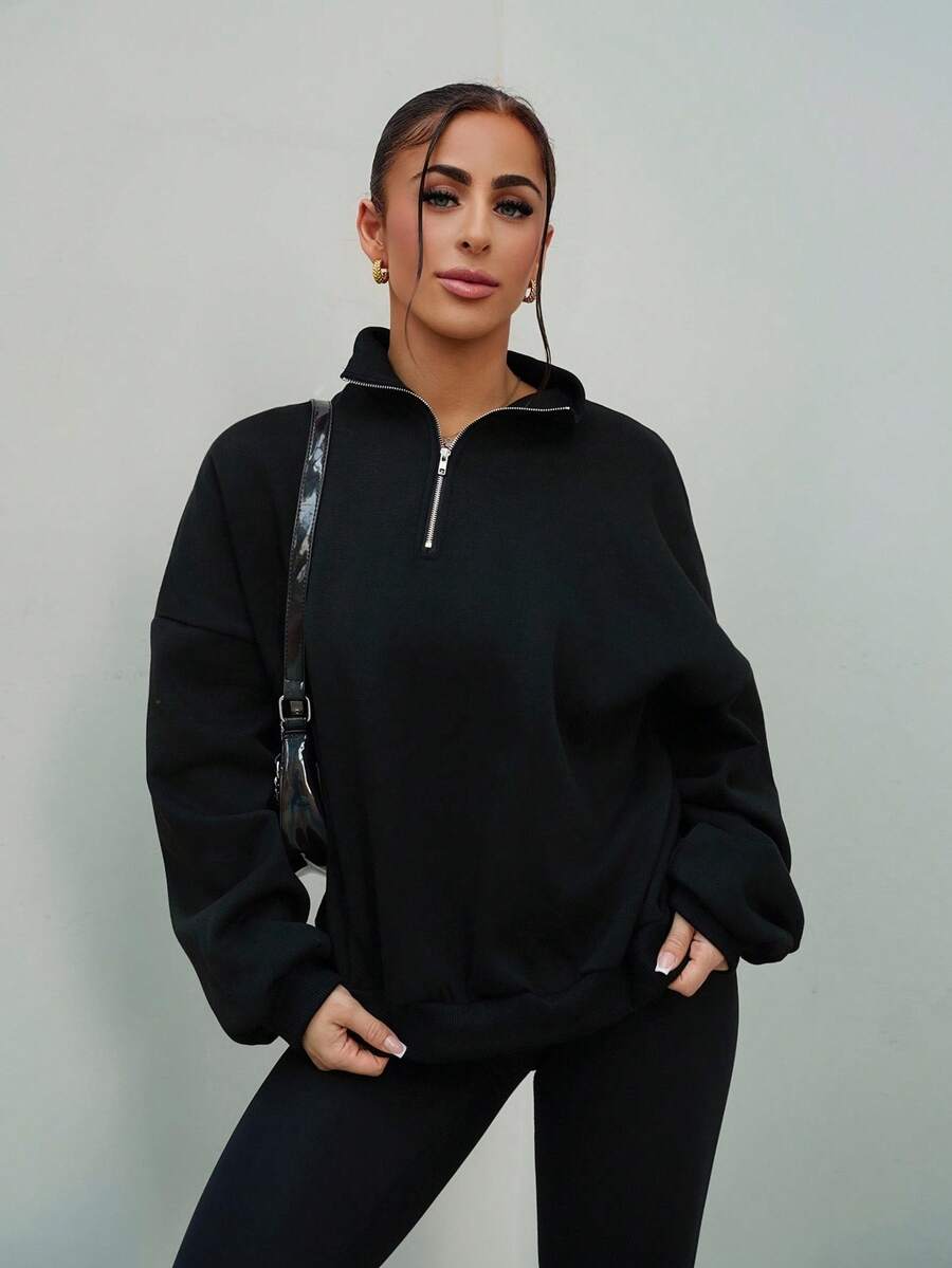 SAYEHFBABY 四分之一拉链超大码运动衫宽松版型返校秋冬舒适秋季圣诞节可爱休闲日常胶囊衣橱 Y2K 街头服饰黑色 - 黑色 - 查看 1