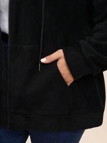 Comfylo 大码休闲纯色时尚拉链连帽衫外出黑色百搭保暖摇粒绒超舒适夹克秋冬 - 黑色 - 查看 6