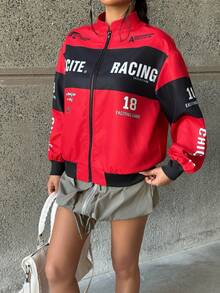 SHEIN 少女落肩撞色字母印花飞行员夹克，秋冬街头休闲风 - 紅色 - 查看 5