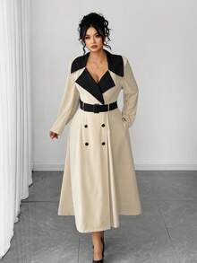 Cravure Plus Size Color Block Double Breasted Belted Elegant Long Sleeve Dress - Apricot - View 4