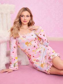 Strawberry Shortcake X SHEIN Vestido corto ajustado con cuello cuadrado, volantes en el bajo, encaje de contraste y estampado de arcoíris de dibujos animados con lazo para mujer - Rosa - Ver 5