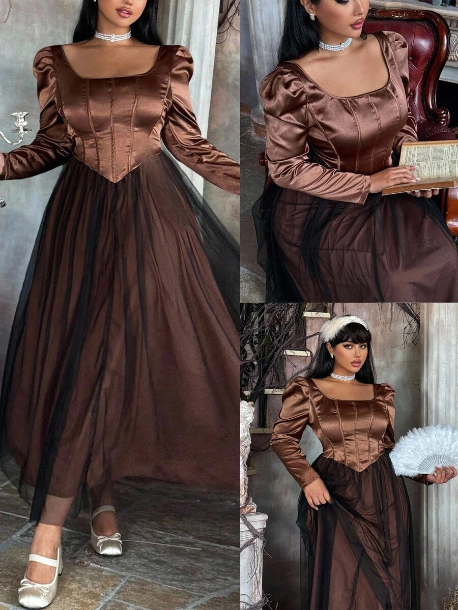 Flirla Minimalist Contrast Color Patchwork Long Sleeve Cinched Waist Fitted Maxi Puff Dress - Brown - View 1