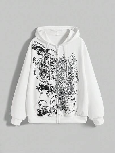 Grunge Punk Felpa con cappuccio casual oversize con grafica di rami punk per donne