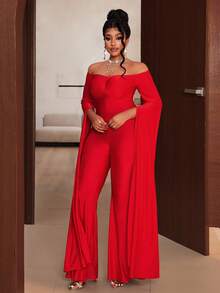 Maweii جمبسوت حمراء مثيرة للمقاسات الكبيرة بالكتف المكشوف، مثالية لحفلة رأس السنة الجديدة.