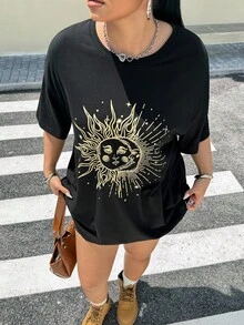 SHEIN EZwear Plus Sun & Moon Print Drop Shoulder Tee - Black - View 3