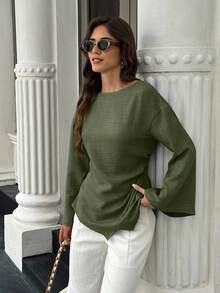 EMERY ROSE Women's Solid Color Minimalist Long Sleeve Shirt, Casual Everyday Wear - Army Green - View 5