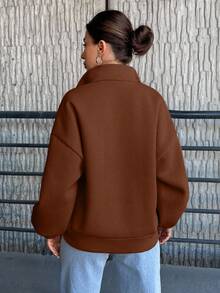 EURMUSE Women'S Solid Color Drop Shoulder Zip Up Sweatshirt - Brown - View 2
