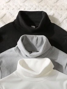 SHEIN 3件套少女罗纹针织高领长袖修身上衣，黑/白/灰三色可选，加厚保暖内衬，百搭叠穿T恤，买一送二，适合冬季、万圣节、圣诞节、新年秋季穿着