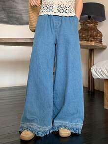 FRIFUL 女式花卉刺绣口袋宽腿宽松休闲牛仔裤 - 藍色 - 查看 3