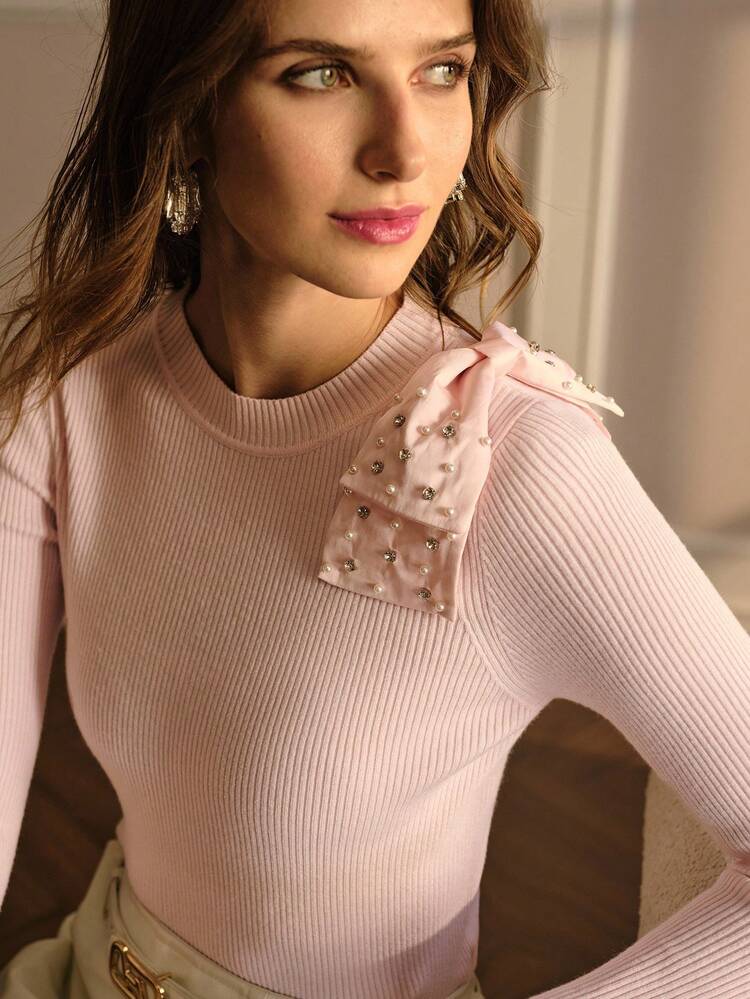 RHINESTONE BOW DECOR SWEATER