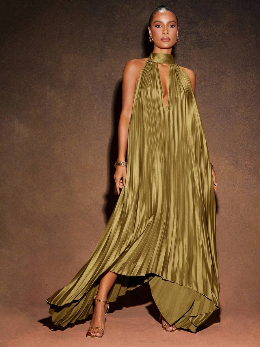 Hauture 性感优雅度假褶皱纯色高低露背立领挂脖长裙 - 灰綠 - 查看 1