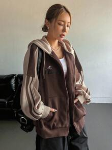Dazy Star 女士抽绳纯色拼布长袖前拉链口袋连帽运动衫，休闲日常，长袖上衣，秋装夹克 - 咖啡棕 - 查看 5
