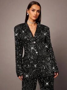 Silquee 女士亮片单排扣优雅时尚长袖西装外套 - 黑色 - 查看 4
