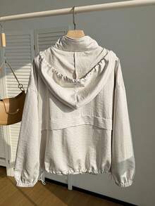 Comfortcana Plus Size Women's Solid Color Drop Shoulder Long Sleeve Zipper Front Drawstring Hooded Jacket, Autumn/Winter,Fall,Back To School Light Jacket Summer Jacket Zip Up Jacket - Apricot - View 5