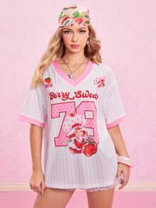 Strawberry Shortcake X SHEIN 女式卡通图案条纹V领短袖T恤，夏季 - 淺粉色 - 查看 3