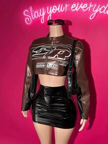 Slaydiva 秋冬休闲街头机车风圆领长袖露肩超短款黑红PU女装外套 - 棕色 - 查看 4