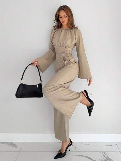 Siren Gaze 女士休闲通勤纯色喇叭袖连体裤