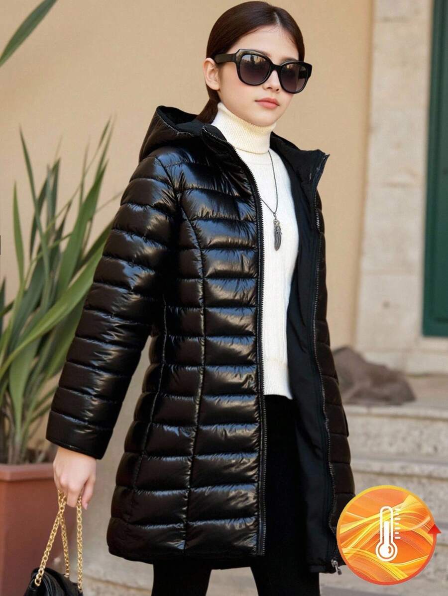 SHEIN 1 Áo khoác có mũ trùm đầu, dáng dài vừa phải, đệm lót cho bé gái tuổi teen, chất lượng cao, thời trang, phù hợp cho mùa thu/đông - màu đen - Xem 1