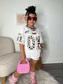 Young Girl Loose Fit V-Neck Leopard Print & Letter Graphic Casual Sports T-Shirt Kids Two Piece Set