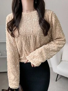FRIFUL Women's Apricot Sequin Textured Fabric Round Neck Long Sleeve Bowknot Back Loose Casual Versatile T-Shirt, Autumn/Fall Glitter Top School - Apricot - View 2