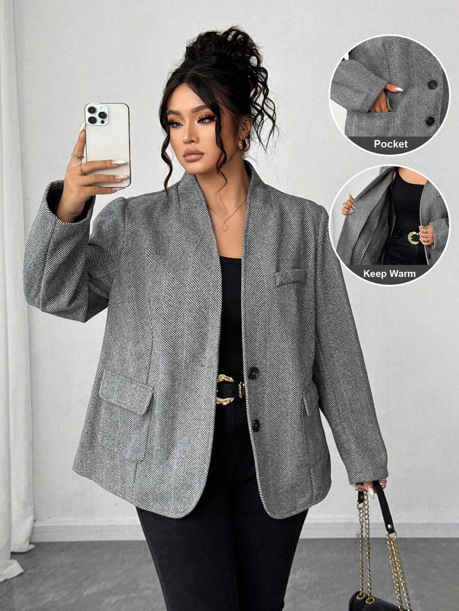 Elenzga Plus Size Women Front Open Button Pocket Shoulder Fashionable Outerwear Jacket, Autumn/Winter Fall - Dark Grey - View 1