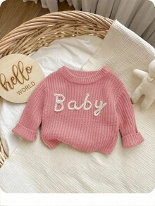 SHEIN Newborn Baby Girl Letter Pattern Versatile Long Sleeve Sweater, Autumn/Winter Baby Knit Top Baby Knitwear Baby Girl Sweater Baby Jumper Baby Clothes Girl Fall