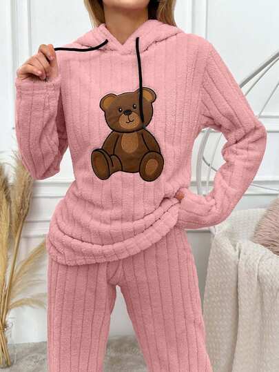 EURMUSE Women's Cartoon Bear Embroidered Fluffy Drawstring Hoodie Sleepwear Top