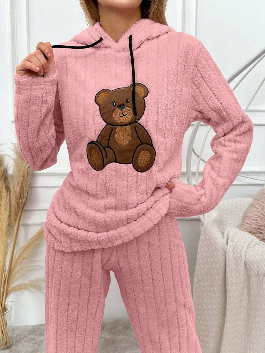 EURMUSE Women's Cartoon Bear Embroidered Fluffy Drawstring Hoodie Sleepwear Top - Dusty Pink - View 1