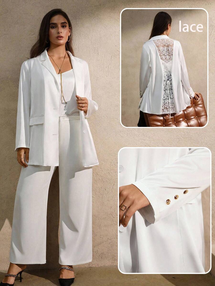 EMERY ROSE Áo khoác Blazer tay dài màu trắng thêu ren buộc dây thanh lịch cỡ lớn dành cho nữ - trắng - Xem 1