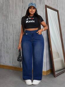 SHEIN SXY Spring Plus Size Cowgirl Style Non-Stretch Casual Fashion Personalized Jeans, Saint Patrick - Dark Wash - View 6