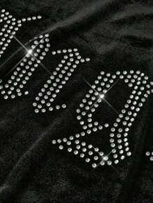 SHEIN Glowzi Teen Girl Velvet Rhinestone Zip-Up Hoodie Top And Slim Flare Pants Casual Elegant 2 Pieces Set, Suitable For Halloween, Loungewear, And Everyday Wear Fall Winter Outfits 2 Piece Set Girls Two Piece Set Black