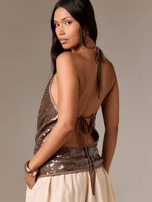 AiiRZ Top halter con cuello de cowl con lentejuelas, cuello drapeado y detalle de lazo en la espalda para ocasiones de fiesta de noche