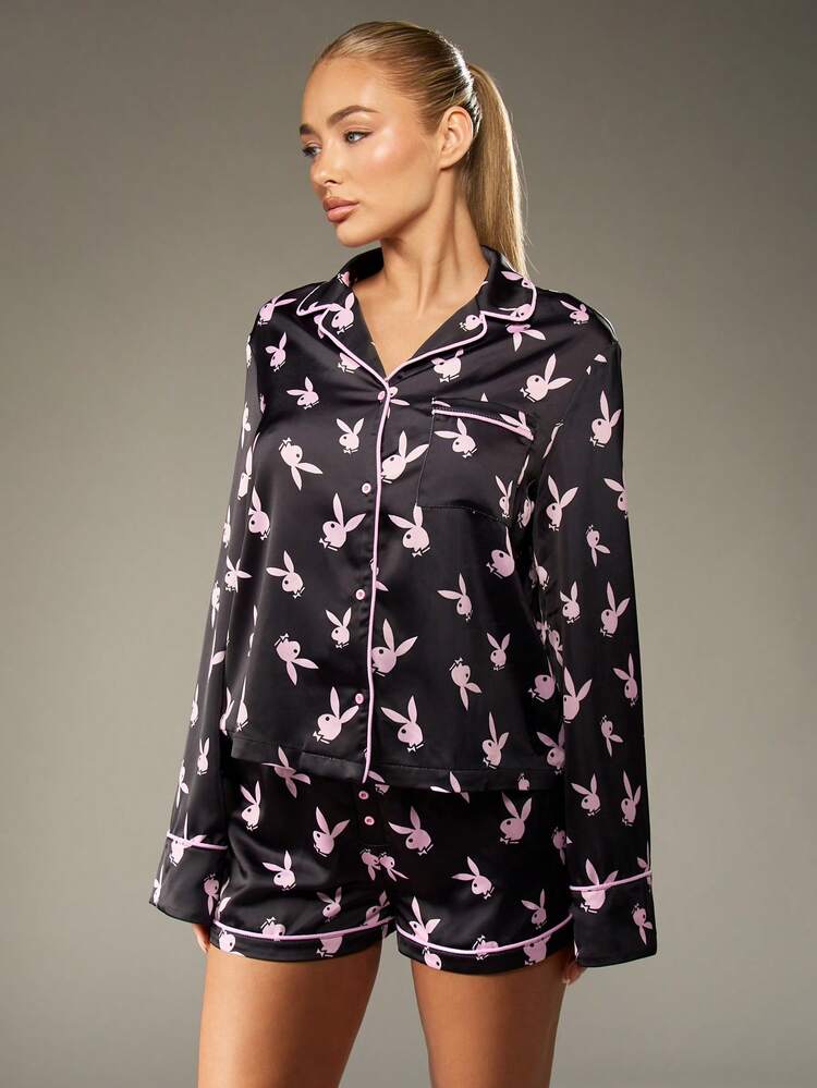 Missguided x Playboy Bunny Print Satin Pajama Set Long Sleeve Button Up Top With Matching Shorts Loungewear Sleepwear Holiday Gift