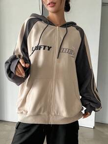 Dazy Star Felpa con cappuccio da donna con coulisse e zip, design a blocchi di colore e stampa di lettere, giacca felpa autunnale per donna