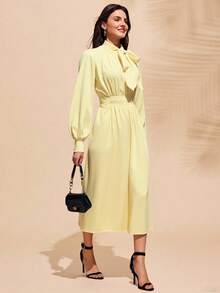 Almamuse Women's Elegant Ruched Ruched Tie Neck Lantern Sleeve Long Dress - Light Yellow - View 6