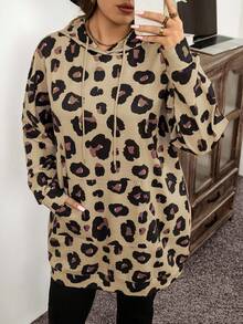 SHEIN LUNE Plus Size Fall/Winter Leopard Print Pocket Sweatshirt Holiday - Camel - View 1