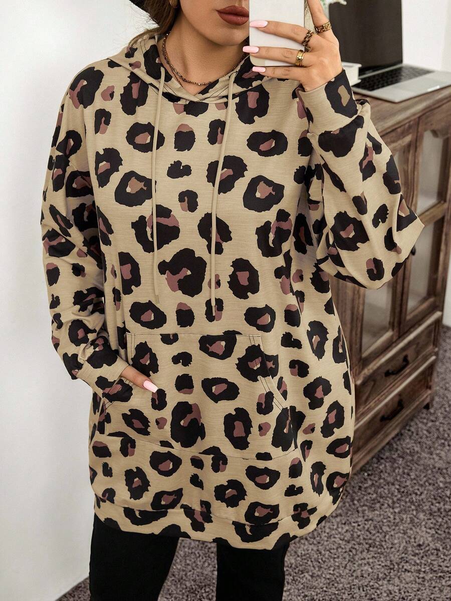 SHEIN LUNE Plus Size Fall/Winter Leopard Print Pocket Sweatshirt Holiday - Camel - View 1