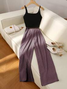 Franclia Camiseta de tirantes casual para mujer, Pantalones rectos casuales a rayas para mujer - Rojo - Ver 2