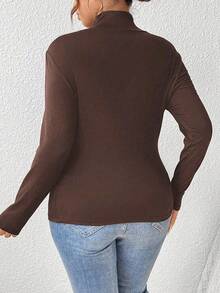 SHEIN Frenchy Plus Mock Neck Ribbed Knit Tee - Chocolate Brown - View 2